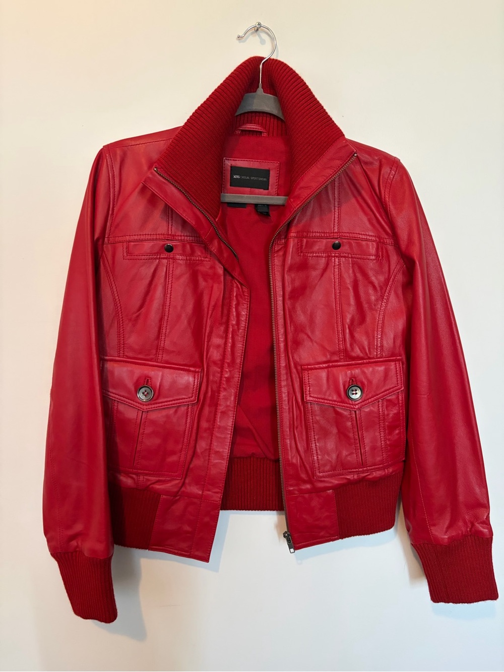 Mango Red Women's Leather Bomber Jacket - M